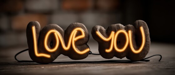 Neon sign depicting the phrase Love You in warm glowing light, set against a rustic wooden backdrop with blurred brick texture for a cozy ambiance