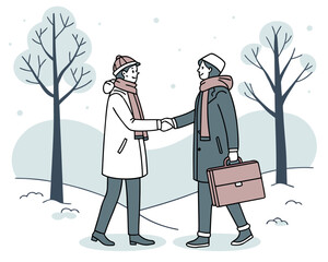 Two business partners shaking hands in a snowy winter landscape