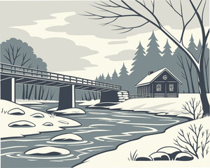 Obraz premium Winter landscape with a bridge over the river and a house on the shore