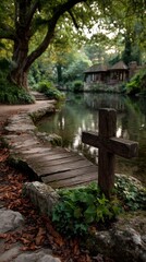 Serene Landscape with Wooden Cross by Tranquil Water, Surrounded by Lush Foliage, Invoking Peace and Reflection in Nature's Embrace