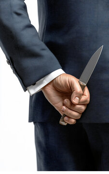 Businessman in dark suit holding a hidden knife behind his back, betrayal treachery and corporate dishonesty on white background.