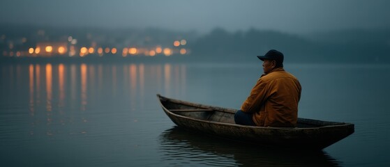 Serene Evening on Calm Water with a Fisherman in a Wooden Boat Surrounded by Misty Landscape and Distant Lights Reflecting in the Lake