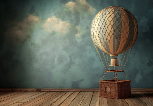 Vintage toy hot air balloon photography backdrop on rustic wooden floor against textured teal blue wall with clouds for children's fantasy adventure concept.