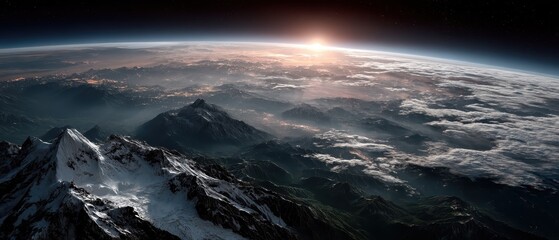 Breathtaking View of Earth from Space at Dawn with Snow-Capped Mountains and Clouds Above the Horizon