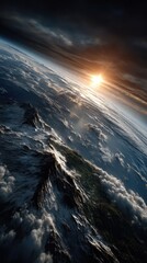 Majestic Sunrise Over Earth Atmosphere Battling Dark Clouds and Illuminating Mountain Ridges in an Awe-Inspiring Cosmic Scene