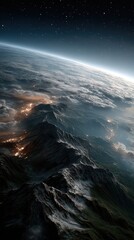 Breathtaking View of Earth from Space Showcasing Dramatic Mountain Ranges, Cloud Cover, and Glowing City Lights at Night Under a Starry Sky