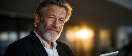 Close-up Portrait of a Mature Man Holding a Tablet Device Against a Sunset Background with a Soft Focus and Warm Lighting