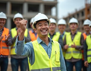 Construction team celebrates victory on site. Workers in hard hats and vests show excitement. Professionals cheer achievement of building project goals. Men give thumbs up and raise fists.