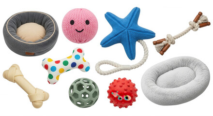 Pet toys and beds assortment isolated on a transparent background