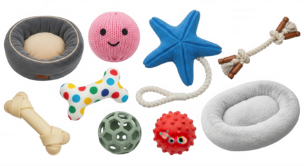 Pet toys and beds assortment isolated on a transparent background
