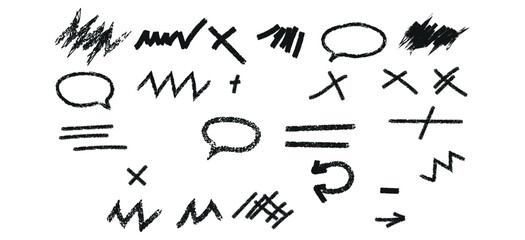 Collection of hand drawn scribbles, check marks, crosses, speech bubbles isolated on white background