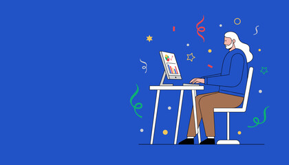 Senior professional working on data analytics on a computer celebrating success