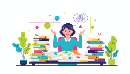 Stressed office worker overwhelmed by huge stacks of paperwork symbolizing workload and burnout