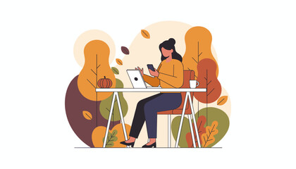 Woman working remotely with laptop and phone embracing the cozy autumn work season