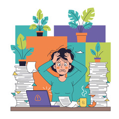 Stressed woman overwhelmed by paperwork and workload burnout concept