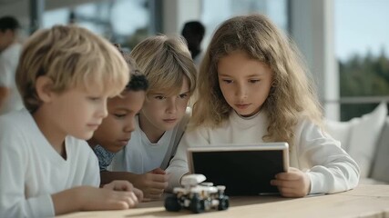 group of diverse kids programming small robots on tablet screens bright daylight teamwork innovation digital education cinematic color correction, gentle backlight, clean negative space, high - Powered by Adobe