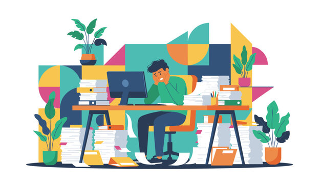 Overwhelmed office worker stressed by massive piles of paperwork and deadlines