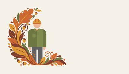 Flat design illustration of an industrial worker framed by ornate autumnal leaves and acorns Copy space