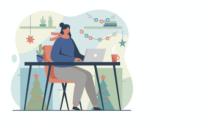 Woman working remotely on a laptop in a cozy festive winter home office setting