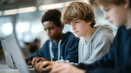 group of teens collaborating on coding project laptops open soft typing teamwork STEM innovation youth technology cinematic color correction, gentle backlight, clean negative space, high quality - Powered by Adobe