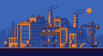 Flat vector illustration of an industrial zone Factory buildings crane and production concept