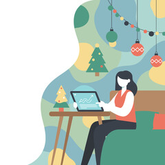 Freelancer working from home during holidays reviewing finance on tablet