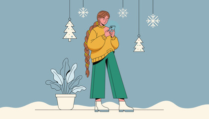 Young woman checks her phone indoors during the festive winter holiday season