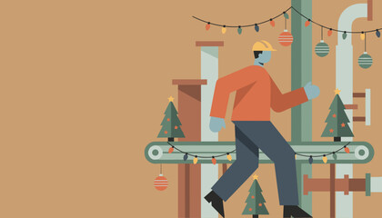 Industrial Christmas production Worker in hard hat surrounded by factory machinery and holiday decor