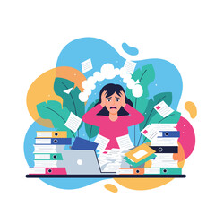 Overwhelmed office worker stressed by excessive workload and deadlines Burnout concept