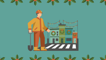 Flat design vector of a construction worker near shops decorated for Christmas