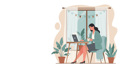 Businesswoman working remotely on a laptop with coffee in a cozy winterdecorated home office