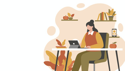 Remote worker using tablet in a cozy autumnthemed home office illustration