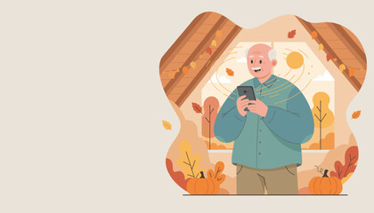 Elderly man smiles while using a smartphone in a cozy autumn attic setting Digital lifestyle concept
