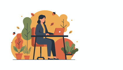 Professional woman working on a laptop in a stylized autumn environment Remote work and efficiency