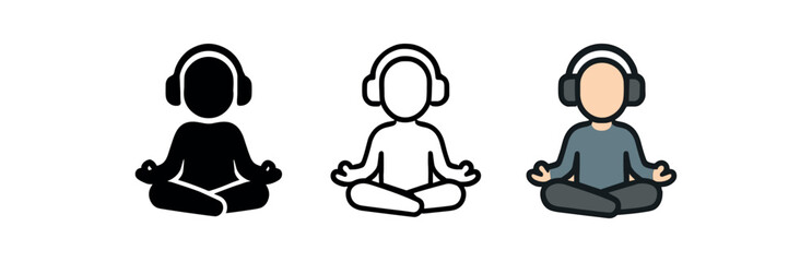 yoga meditaion poze people silhouette wearing headphiones flat, line and colored vector icon isolated, relaxing symbol