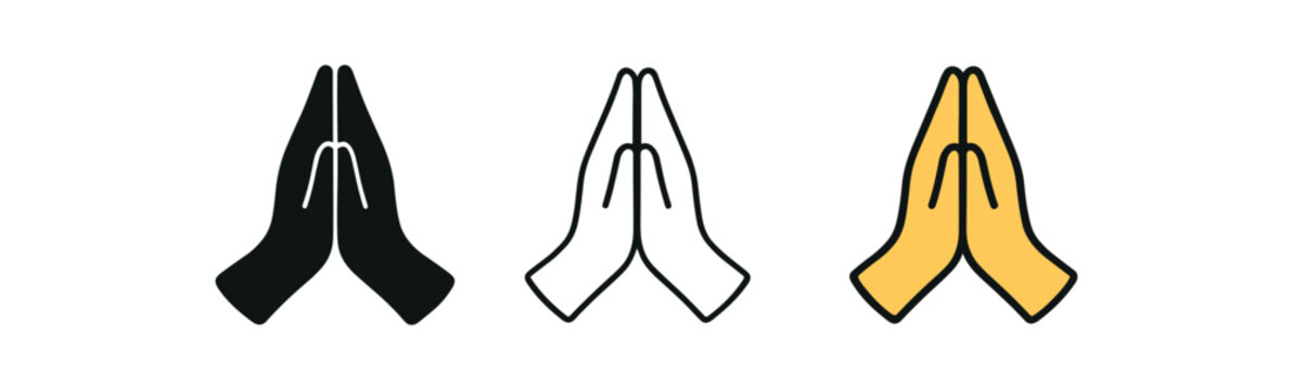 hands namaste gesture icon on white background Black silhouette flat icon outline icon and colored icon style three minimal vector icon style