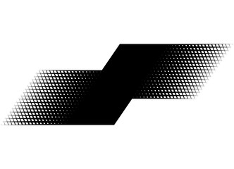 Black vector broken stripe with halftone mesh. Abstract Design Element. Vector background. Modern sports pattern for car body, boat, sportswear, toy. Place for text