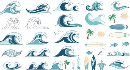 Vibrant ocean waves, surfboards and cute sea creatures ready for your summer designs, adding a playful touch to your projects with ease and joy