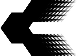 Thick black vector arrow with halftone mesh. Design element. Pointer, direction. Vector background. Modern pattern for games and navigation. Place for text