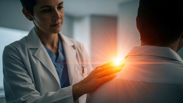A physician comforts a patient, assessing shoulder pain, with a glowing effect