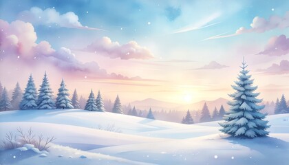 Winter christmas background illustration with trees, mountain and snow