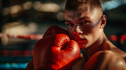 Close up of a boxer with red gloves looking at the camera intently