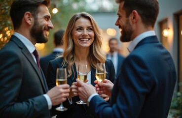 Three professionals in suits toast with champagne at an office party. Two men and one woman happily after a business meeting event, celebrating success and collaboration.