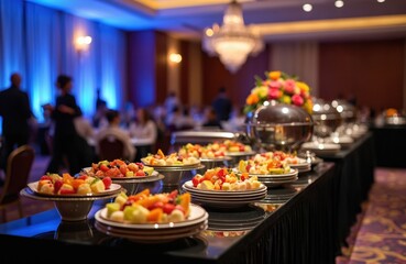 Fototapeta premium Buffet table with fresh fruit platters, chafing dishes, and floral decor in elegant event hall. Blurred people mingle at corporate conference, hotel banquet, or wedding reception.