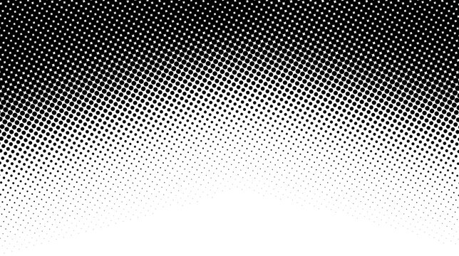Dynamic black and white halftone dot gradient pattern creating a fading texture for pop art or comic design on a transparent background