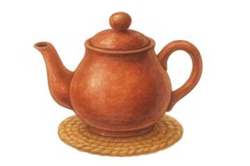 Clay teapot on a braided wicker coaster, serving hot tea or herbal infusions, watercolor illustration