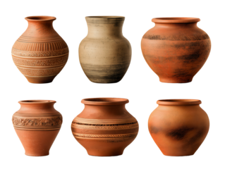 Set of hand made terracotta pots urns and planters in various sizes shapes isolated on transparent background.