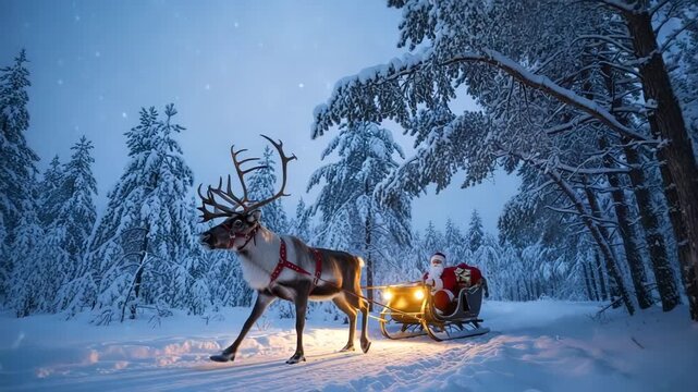 Santa claus in a sleigh pulled by a reindeer in a snowy forest
