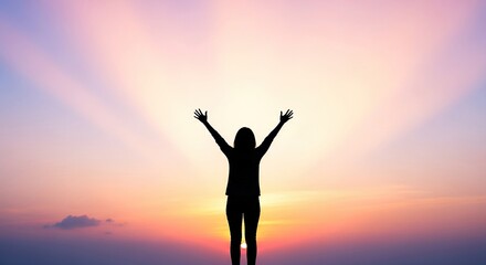 Woman silhouette at sunset with arms raised in celebration and freedom concept for website and blog posts