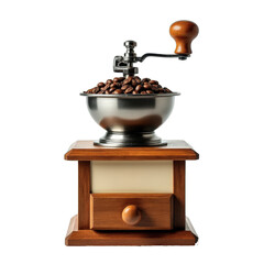 Vintage coffee grinder filled with beans isolated on black background isolated on white background isolated on transparent background